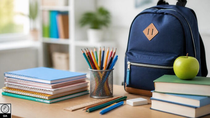 Fournitures scolaires organisées sur un bureau, cahiers, stylos, crayons de couleur, règle, gomme, cartable bleu, livres empilés, pomme verte, fond clair et lumineux, style photographique professionnel et a (1).jpg